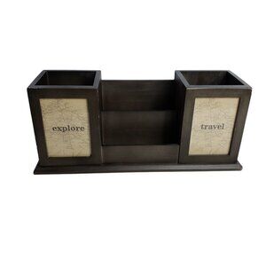 Wood Desk Office Organizer Pencil Cup Holder Letter Mail Travel Explore